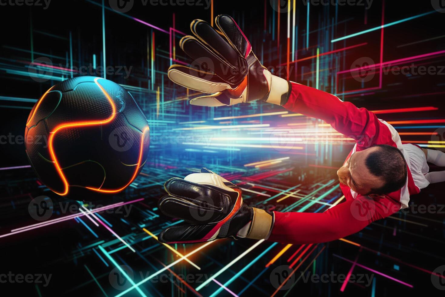 Football scene with soccer goalkeeper on futuristic digital background. photo