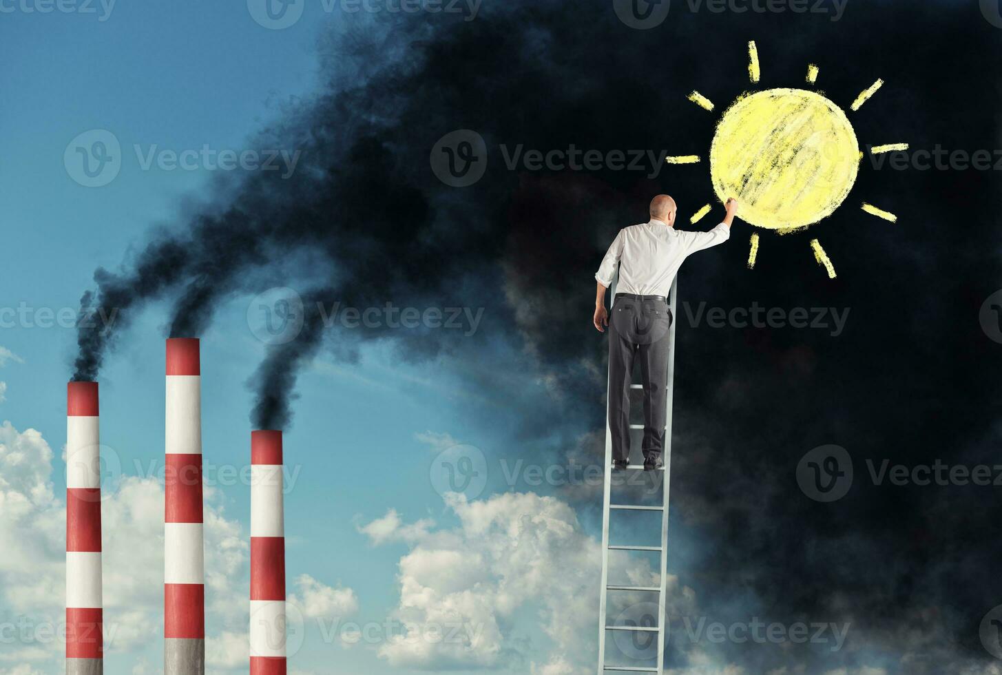 empresario en un escalera querer a cambio el contaminación dibujo el Dom terminado el niebla tóxica foto