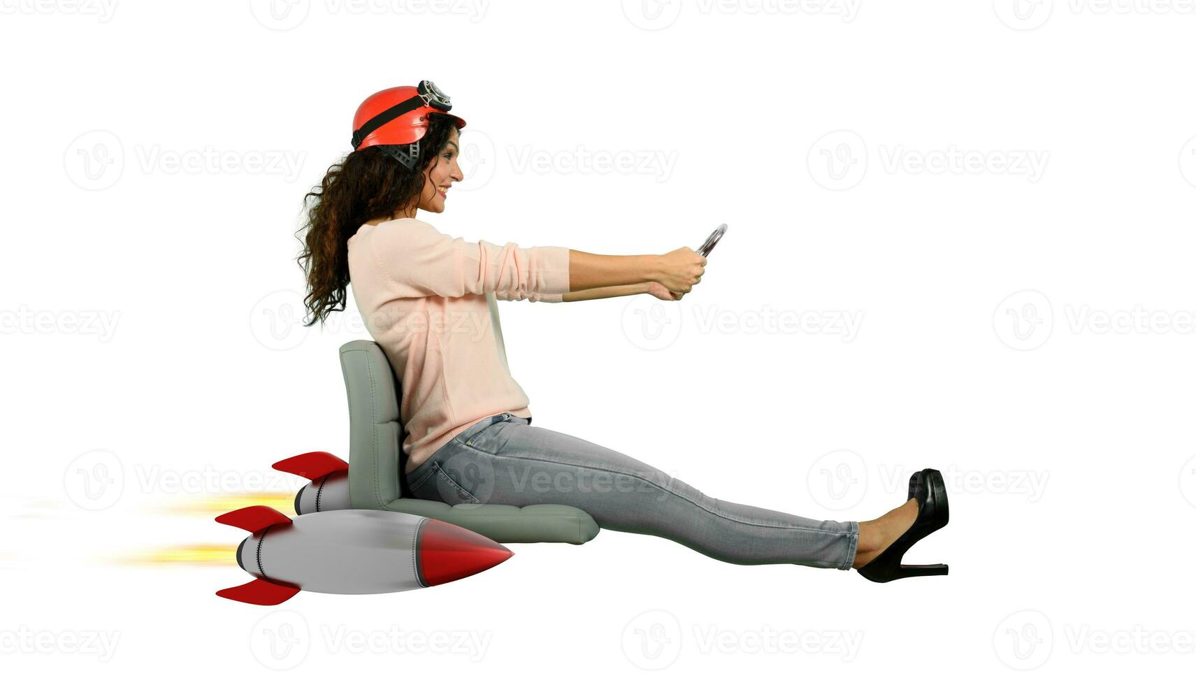 Woman drives fast with rockets under the chair. concept of having the turbo photo