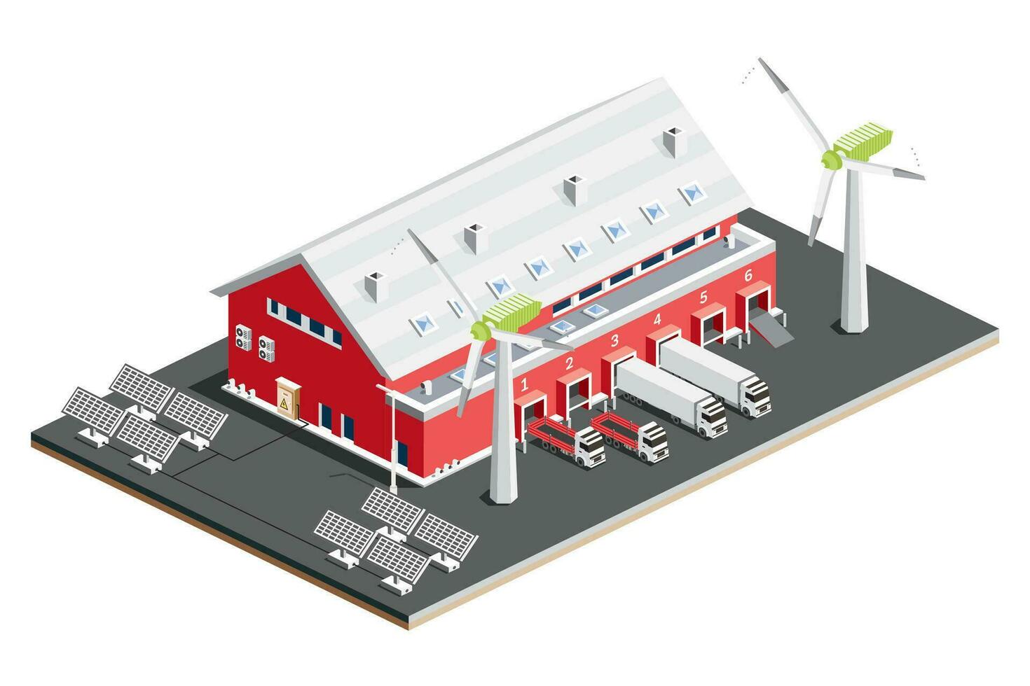 Isometric Distribution Logistic Center with Solar Panels with Wind Turbines. vector