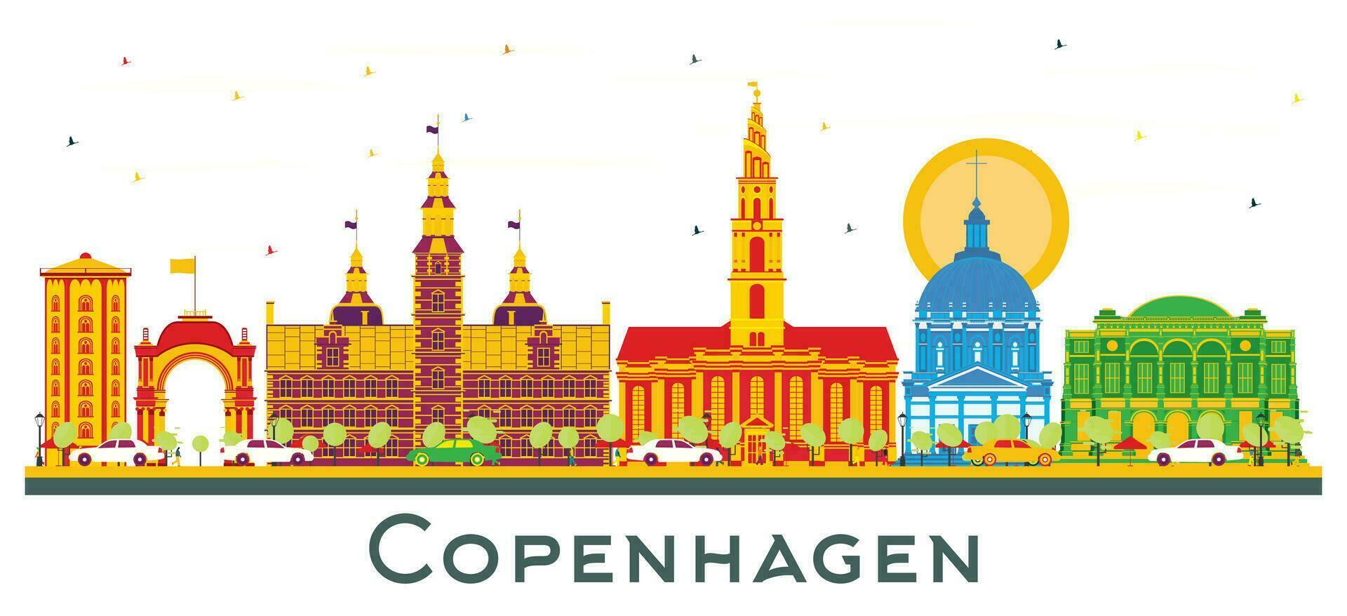 Copenhague Dinamarca ciudad horizonte con color edificios aislado en blanco. vector