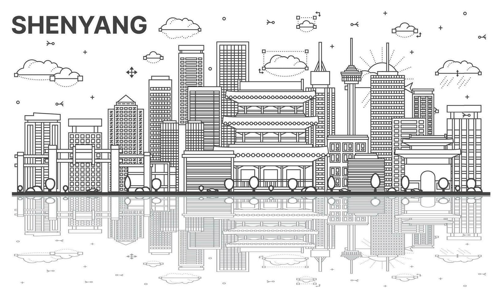 Outline Shenyang China City Skyline with Reflections, Modern and Historic Buildings Isolated on White. vector
