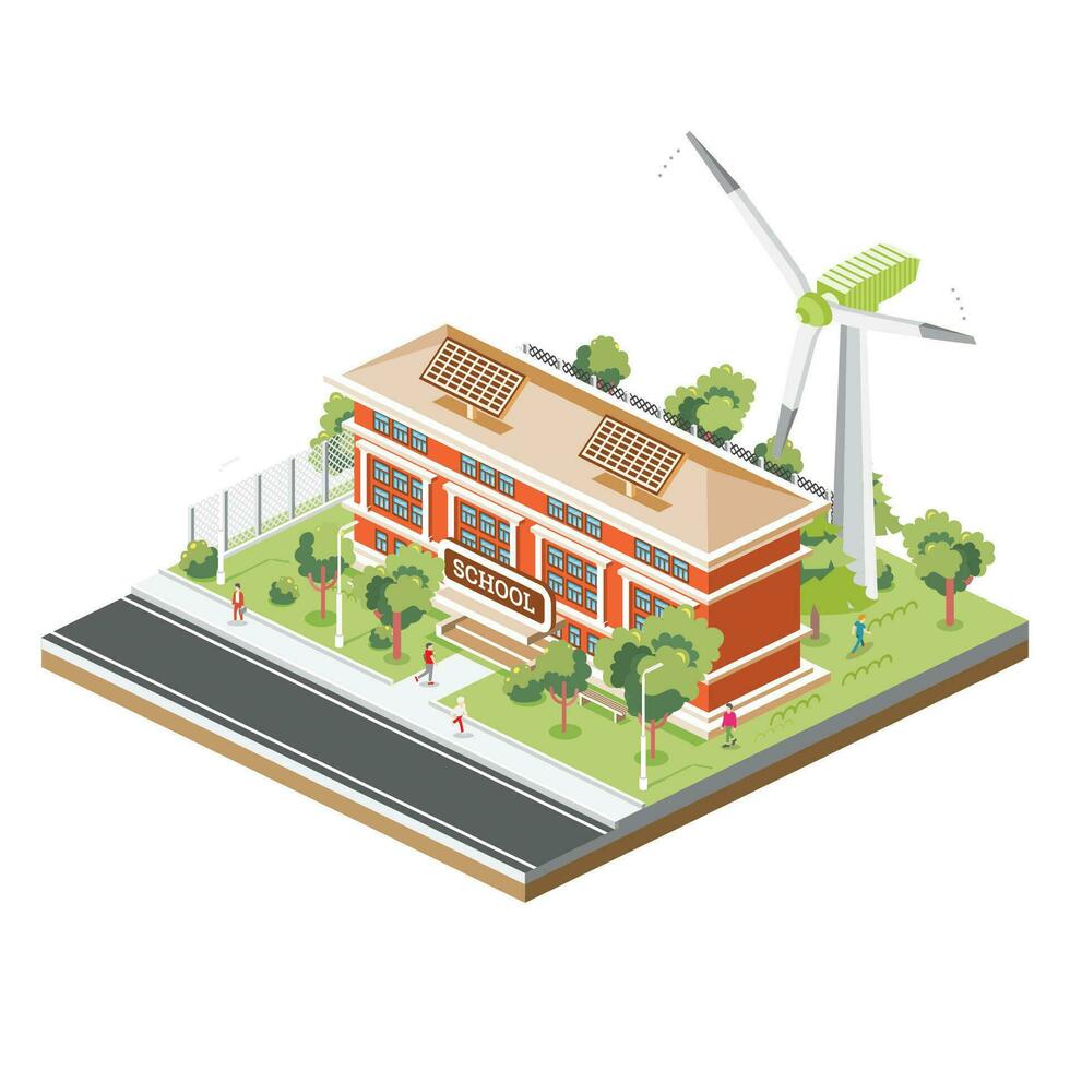 Isometric School Building with Solar Panels and Wind Turbine Isolated on White Background. vector