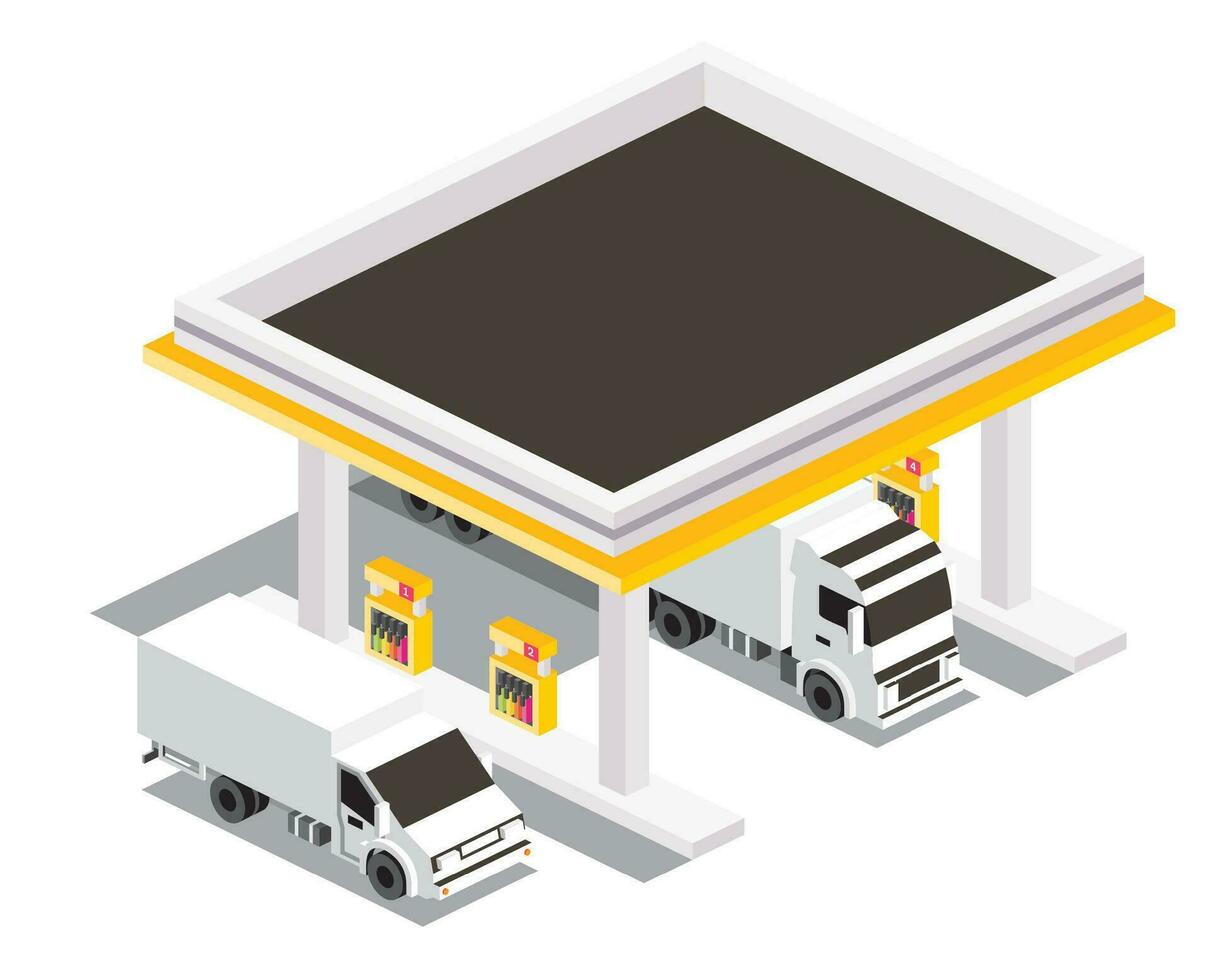 Gas Station with Trucks. Isometric Isolated Petroleum Filling Station. vector