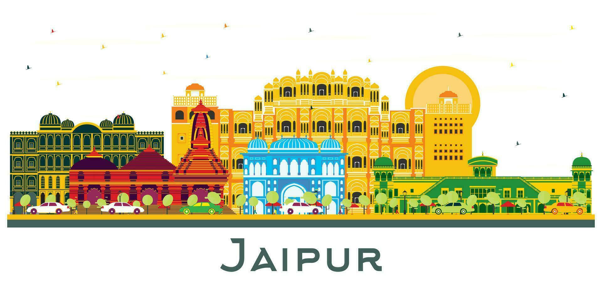 Jaipur India City Skyline with Color Buildings Isolated on White. vector
