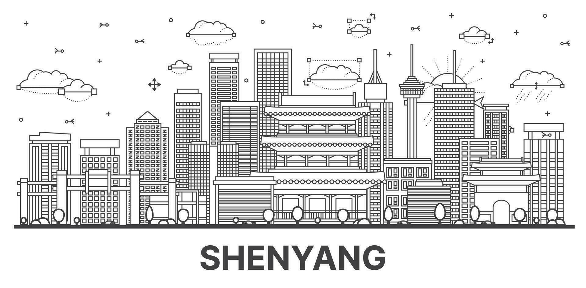 Outline Shenyang China City Skyline with Modern and Historic Buildings Isolated on White. vector