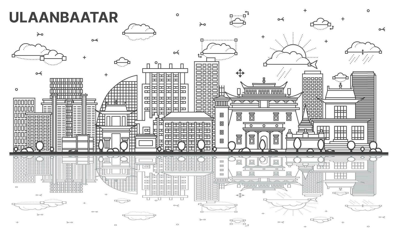 Outline Ulaanbaatar Mongolia City Skyline with Historic Buildings and Reflections Isolated on White. vector