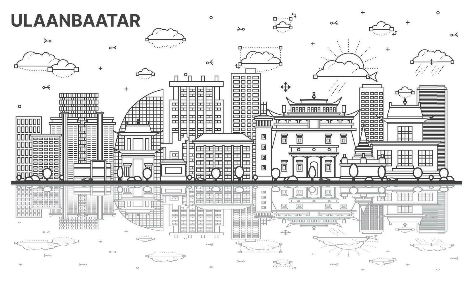 contorno Ulaanbaatar Mongolia ciudad horizonte con histórico edificios y reflexiones aislado en blanco. vector