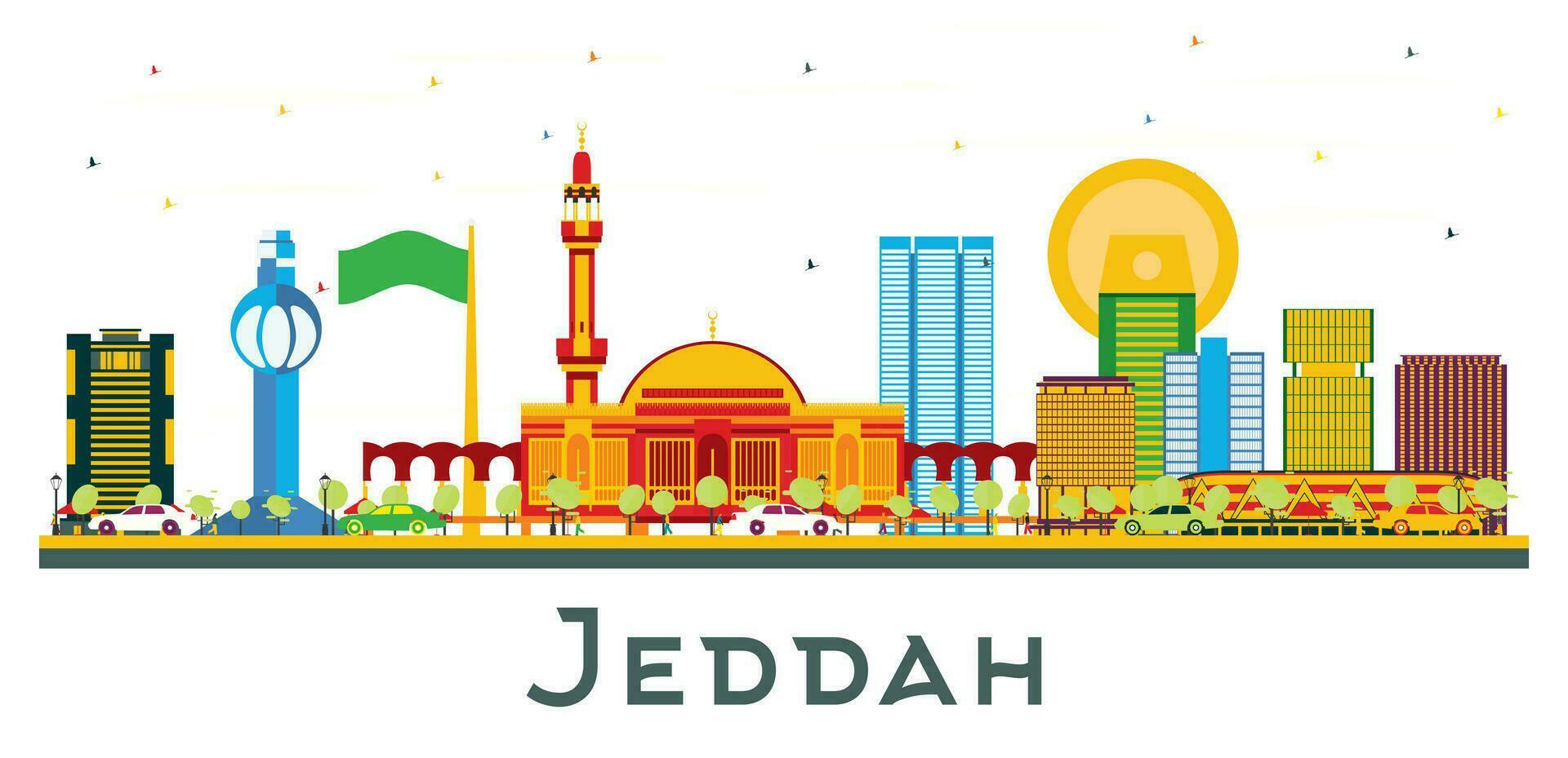 Jeddah Saudi Arabia City Skyline with Color Buildings Isolated on White. vector