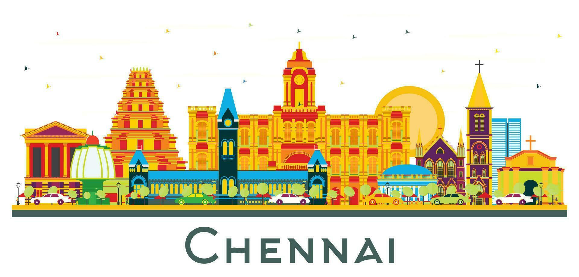 Chennai India City Skyline with Color Landmarks Isolated on White. vector