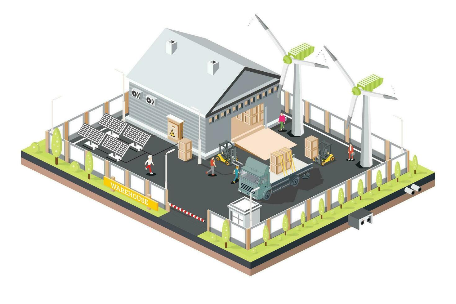 Isometric Distribution Logistic Center with Solar Panels and Wind Turbines. Green Eco Friendly House. vector