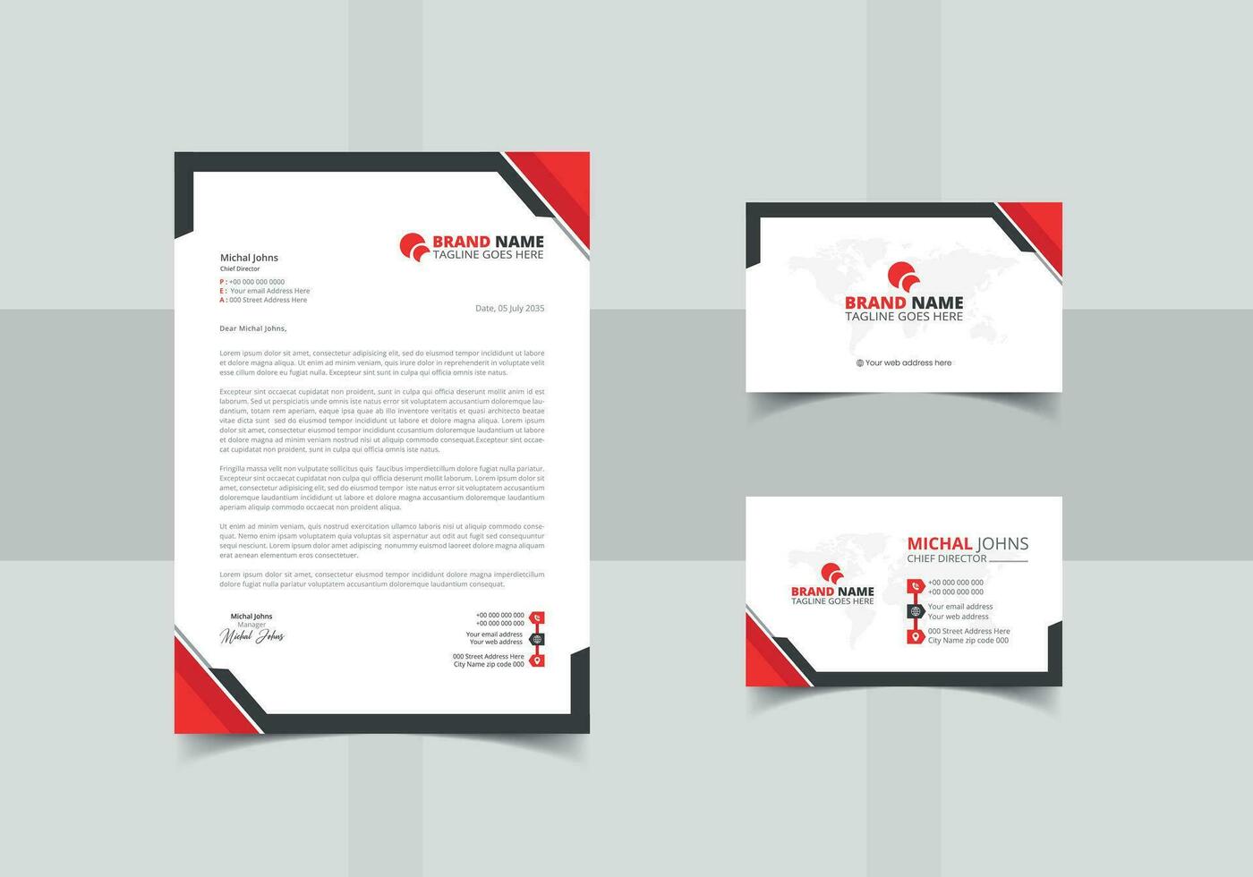 Modern stationery pack with red shapes letterhead business card template vector