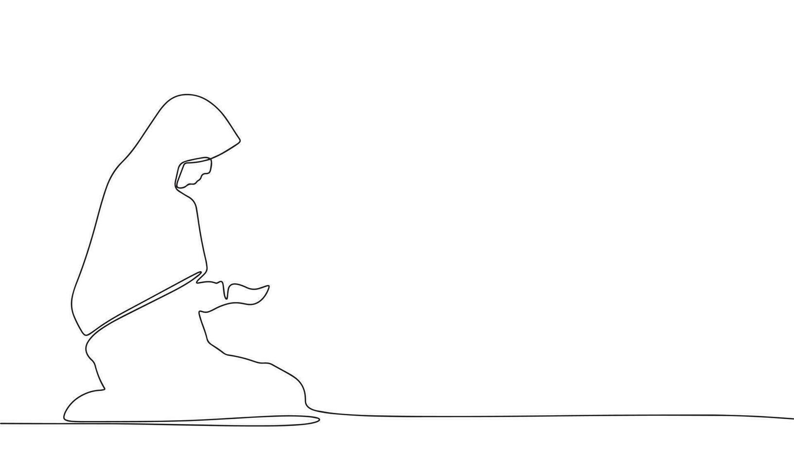 Woman on her knees asking for money. One line continuous concept poverty banner. Line art vector illustration. Outline silhouette with copy space.