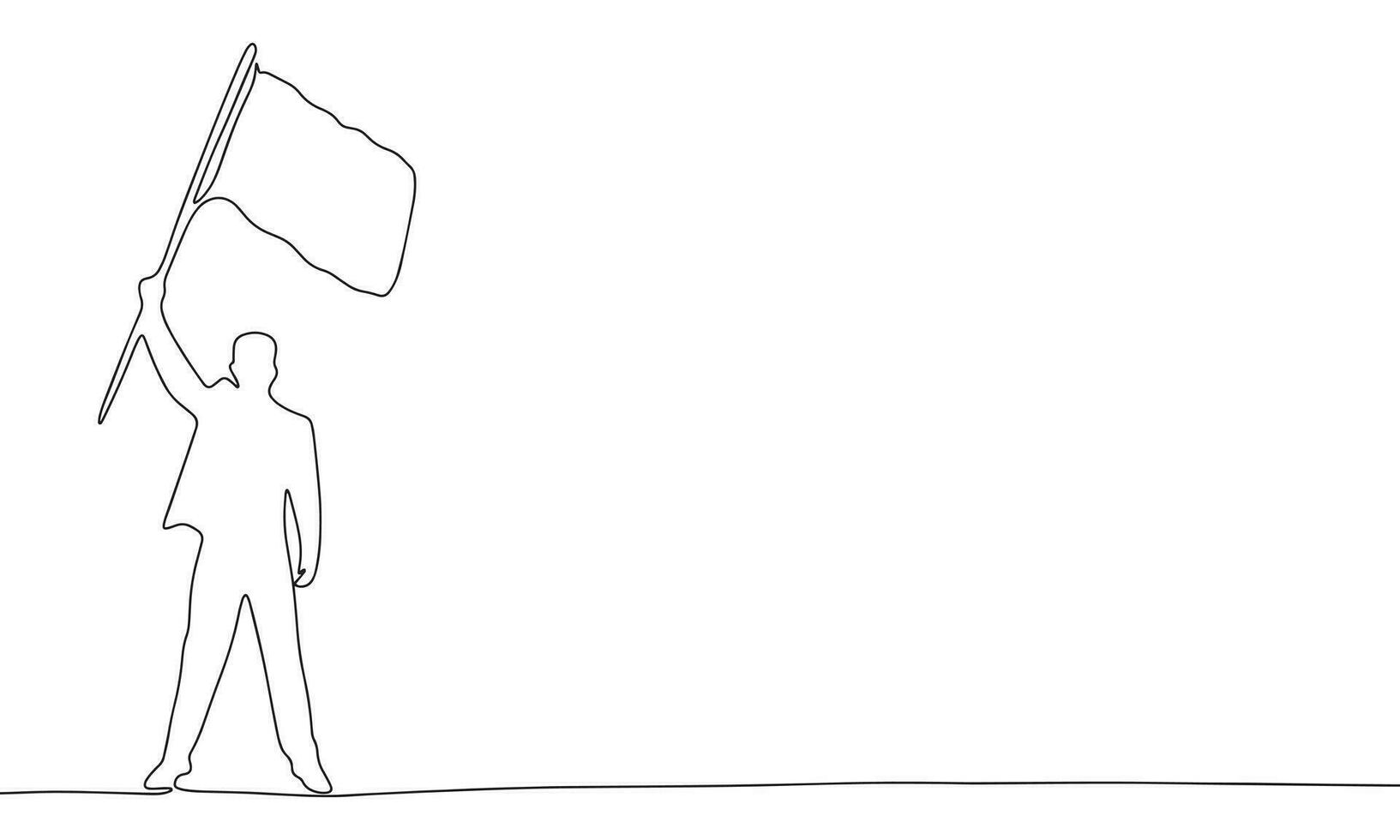 Man with flag in hand. One line continuous concept freedom banner. Line art vector illustration. Outline silhouette with copy space.