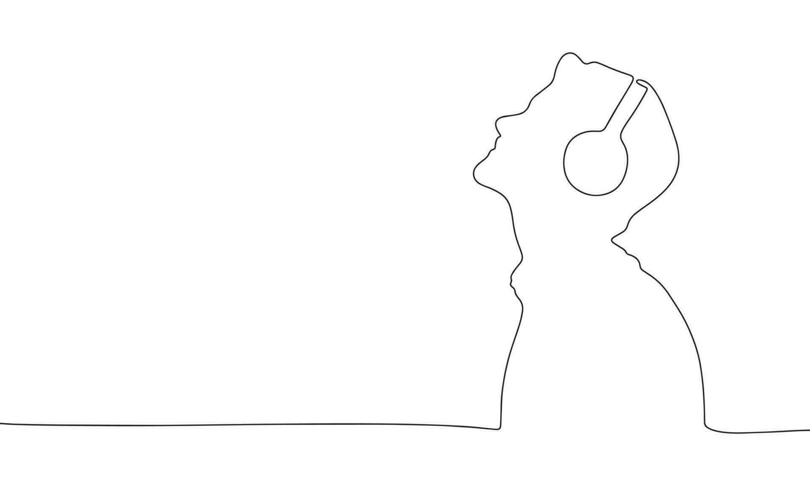 Man with headphones. One line continuous concept music banner. Line art vector illustration. Outline silhouette with copy space.