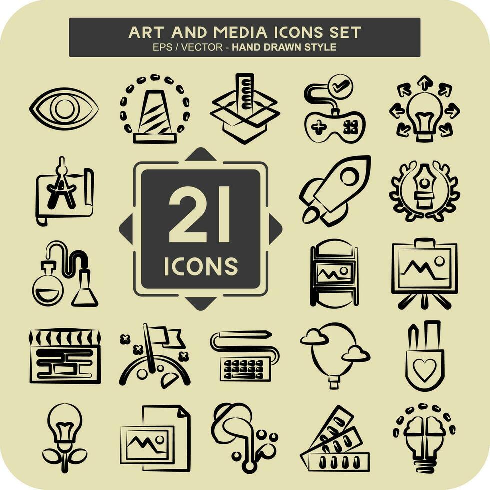 icono conjunto Arte y medios de comunicación. relacionado a educación símbolo. mano dibujado estilo. sencillo diseño editable vector