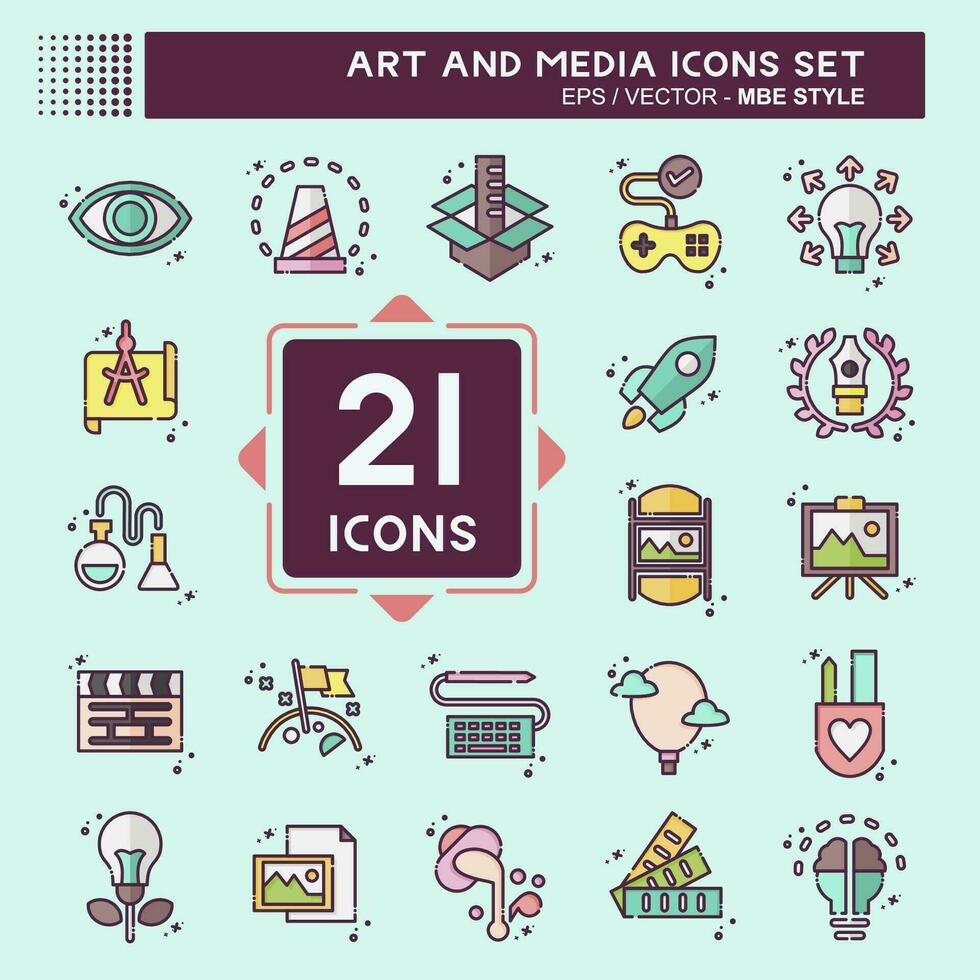 icono conjunto Arte y medios de comunicación. relacionado a educación símbolo. mbe estilo. sencillo diseño editable vector