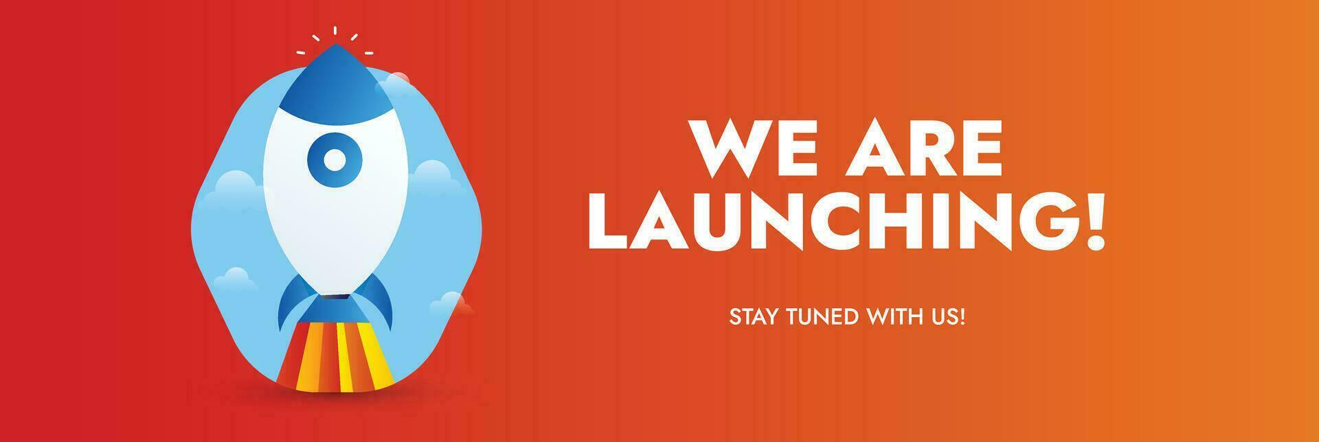 We are launching soon. Startup rocket launch with fire. New business announcement cover featuring a rocket launching with fire. We are coming. Join now to learn more. Banner for company launch. Vector