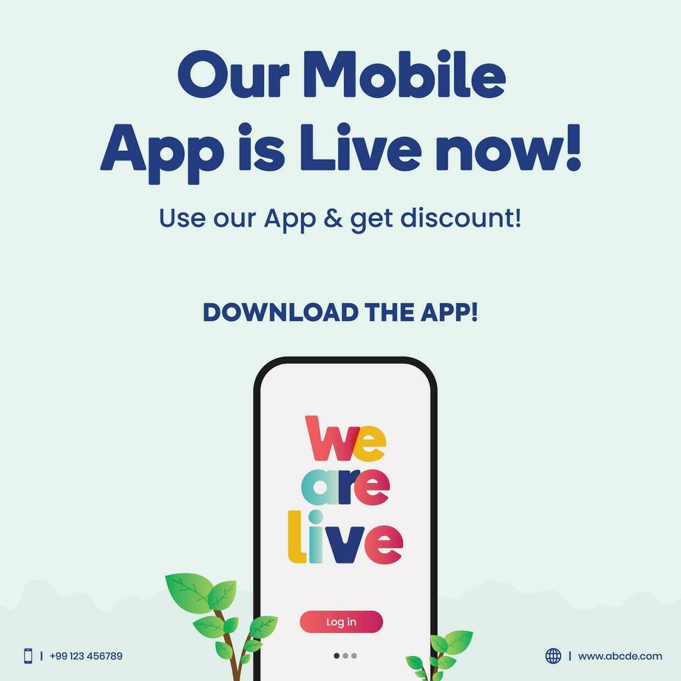 Our mobile app is live now banner or cover. we are launching our mobile application. mobile app launch. app launch event. use our app and get a discount. App is live. Download the app now. vector