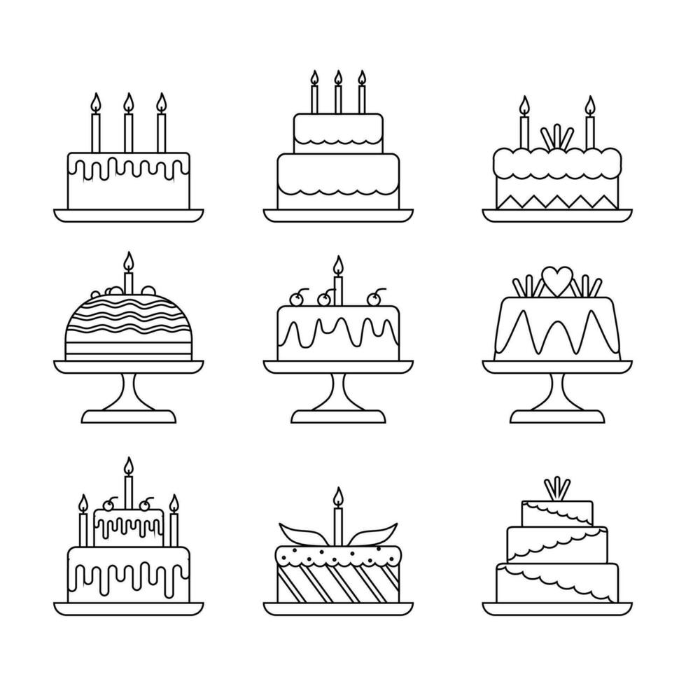 Nine birthday cake set line art in flat elements style vector