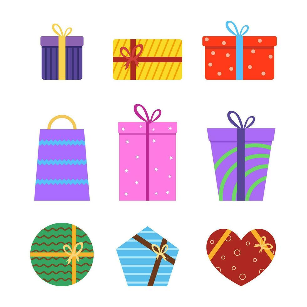 Nine birthday gift set colorful objects in flat elements style vector