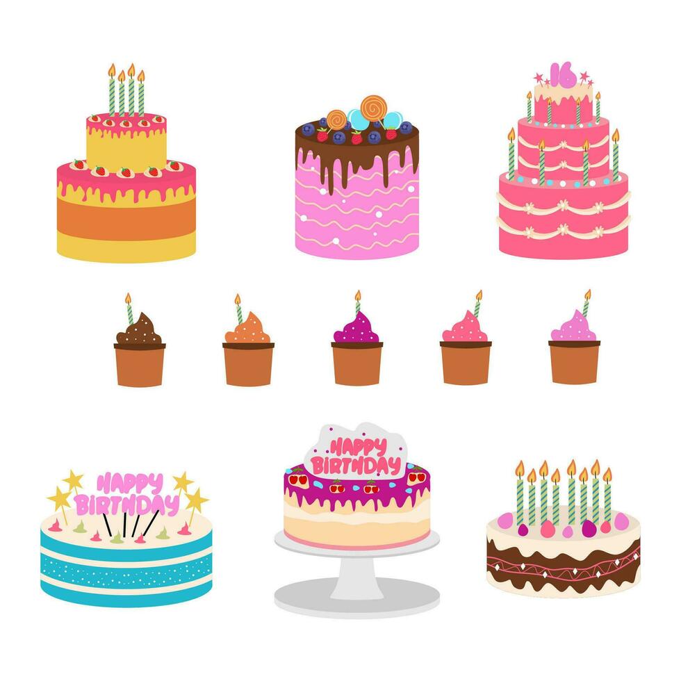 Nine birthday cake set colorful objects in flat elements style vector