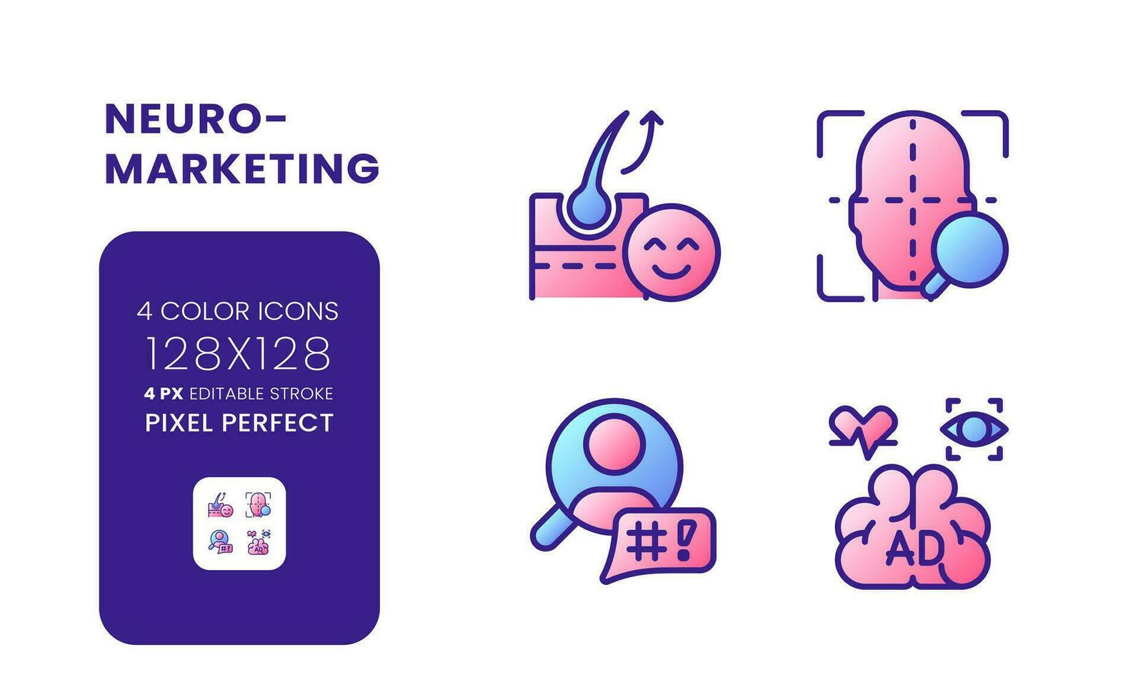Neuromarketing gradient fill desktop icons. Marketing research. Customers preferences. Pixel perfect 128x128, outline 4px. Colorful editable line symbols set. Vector isolated RGB elements