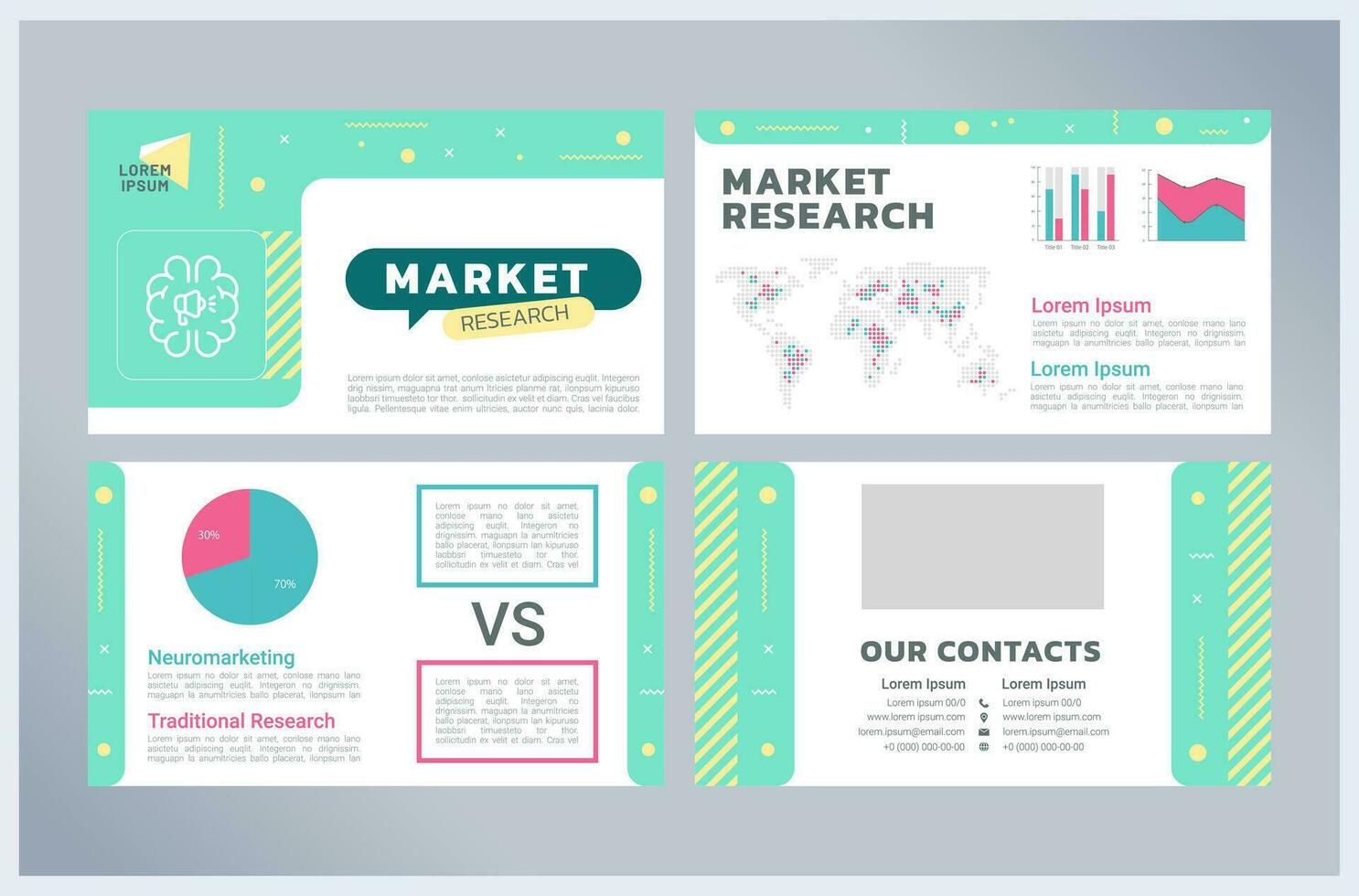 Market research presentation templates set. Business management. Corporate finance. Competitive analysis. Ready made PPT slides on white background. Graphic design vector