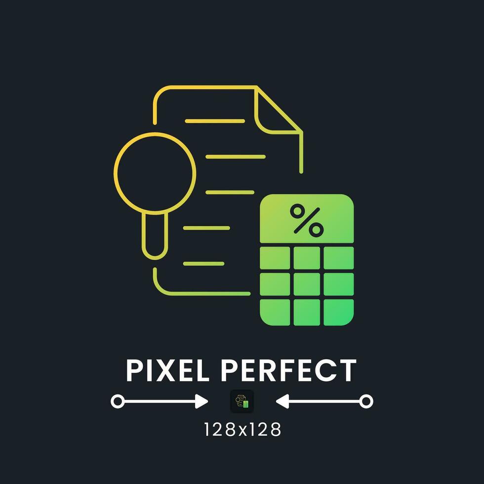 Tax Audit yellow solid gradient desktop icon on black. Financial inspection. Regulatory analysis. Pixel perfect 128x128, outline 2px. Glyph pictogram for dark mode. Isolated vector image