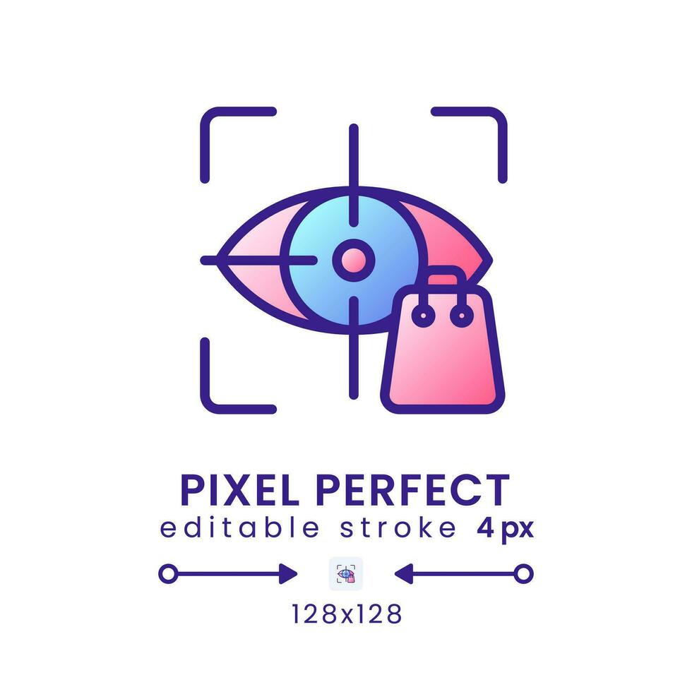 Eye tracking gradient fill desktop icon. Consumer insight. Neuromarketing technique. Pixel perfect 128x128, outline 4px. Modern colorful linear symbol. Vector isolated editable RGB element