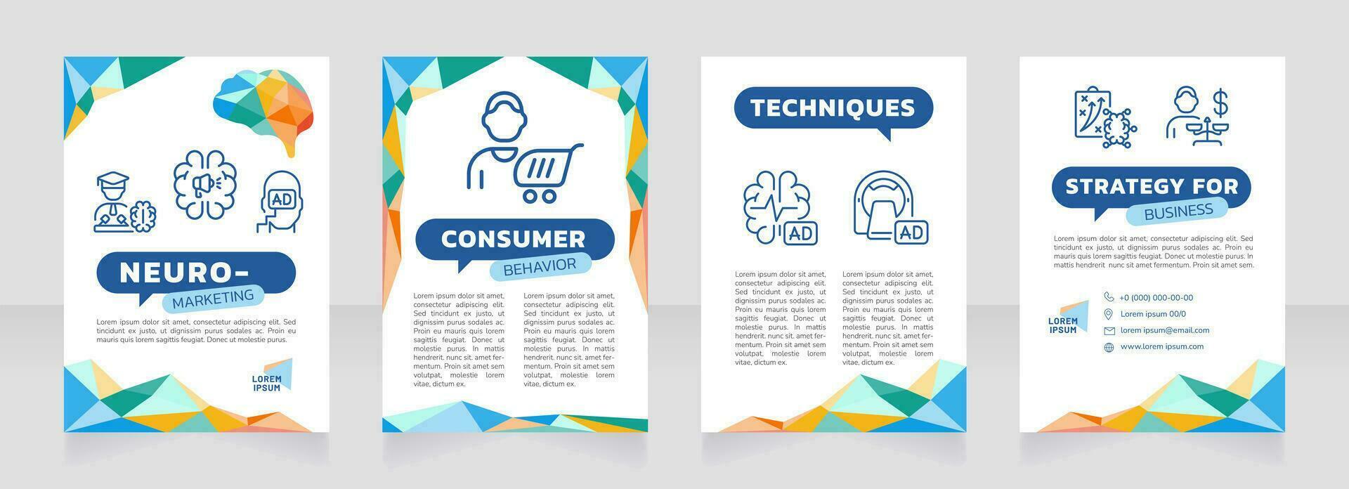 Neuromarketing multicolor premade brochure template. Consumer behavior. Marketing strategy. Neuroscience booklet design with icons, copy space. Editable 4 layouts vector