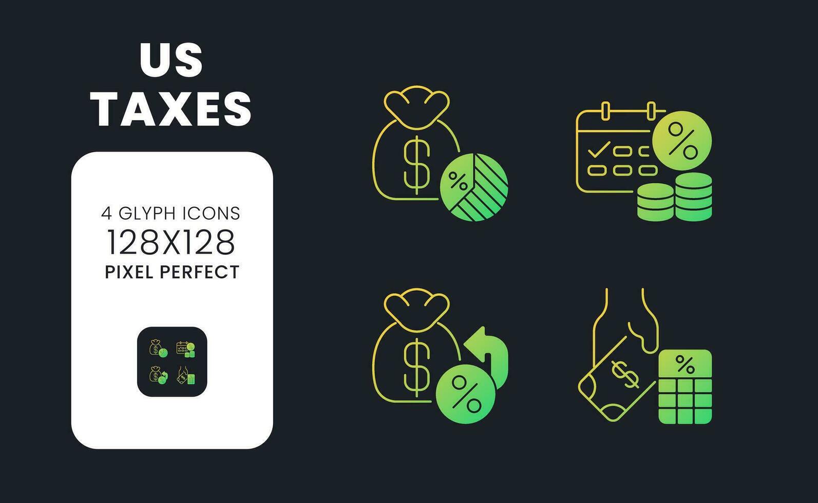 US taxes yellow solid gradient desktop icons. Revenue system. Taxation policies. Taxable income. Pixel perfect 128x128, outline 2px. Glyph pictograms kit for dark theme. Isolated vector images