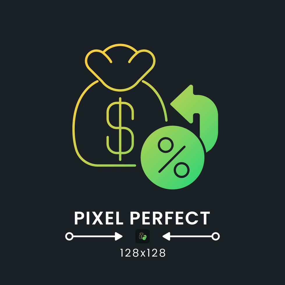 Tax Refund yellow solid gradient desktop icon on black. Money back. Cashback program. Returned income. Pixel perfect 128x128, outline 2px. Glyph pictogram for dark mode. Isolated vector image