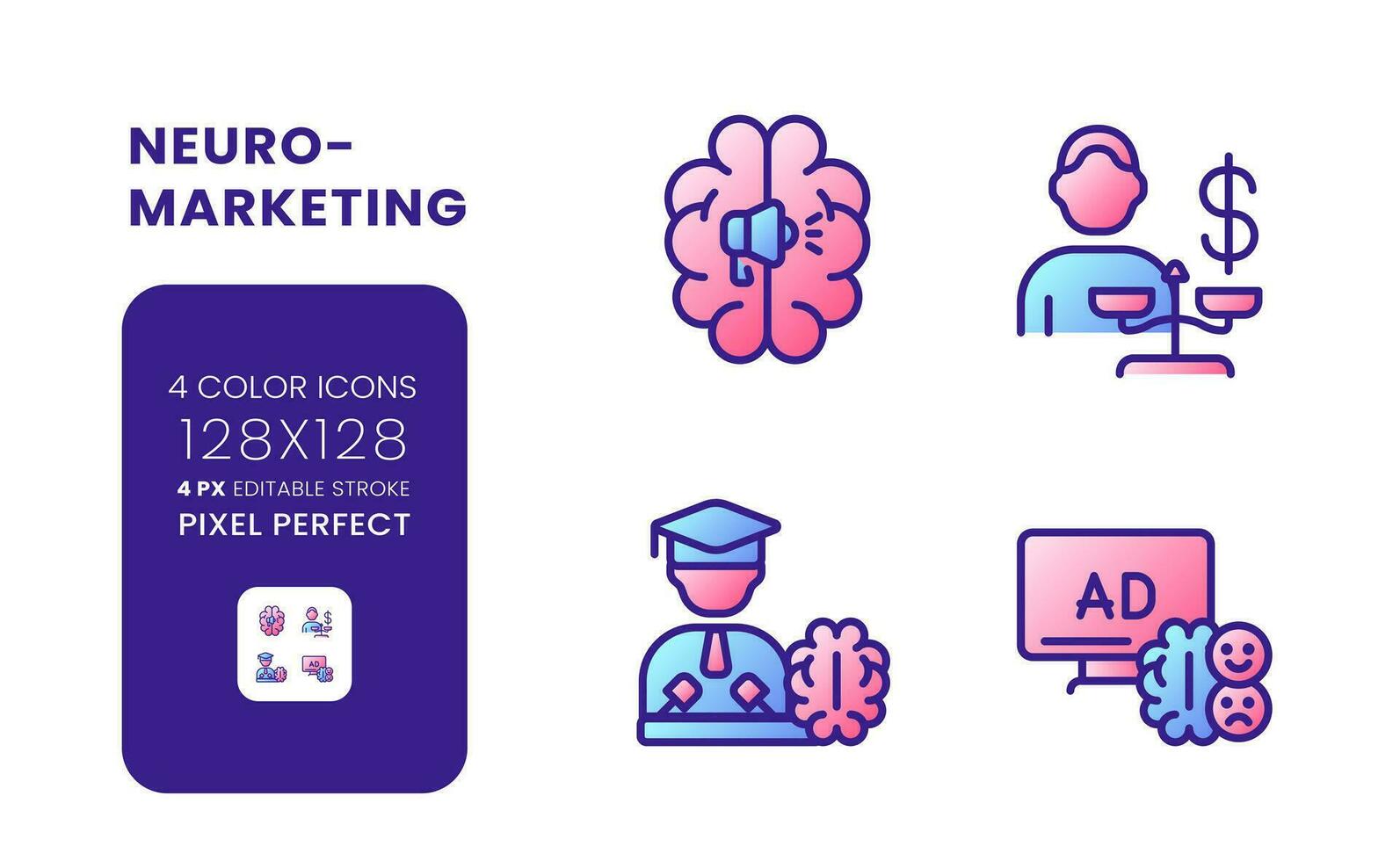 Neuromarketing gradient fill desktop icons. Decision making. Digital marketing. Social media. Pixel perfect 128x128, outline 4px. Colorful editable line symbols set. Vector isolated RGB elements