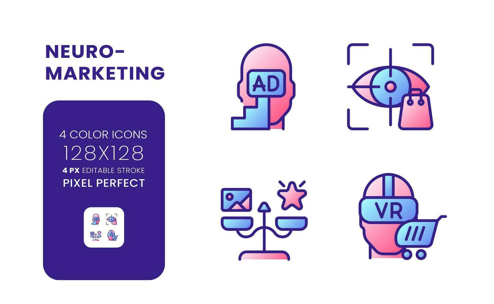 Neuromarketing gradient fill desktop icons. Consumer neuroscience. Advertising message. Pixel perfect 128x128, outline 4px. Colorful editable line symbols set. Vector isolated RGB elements