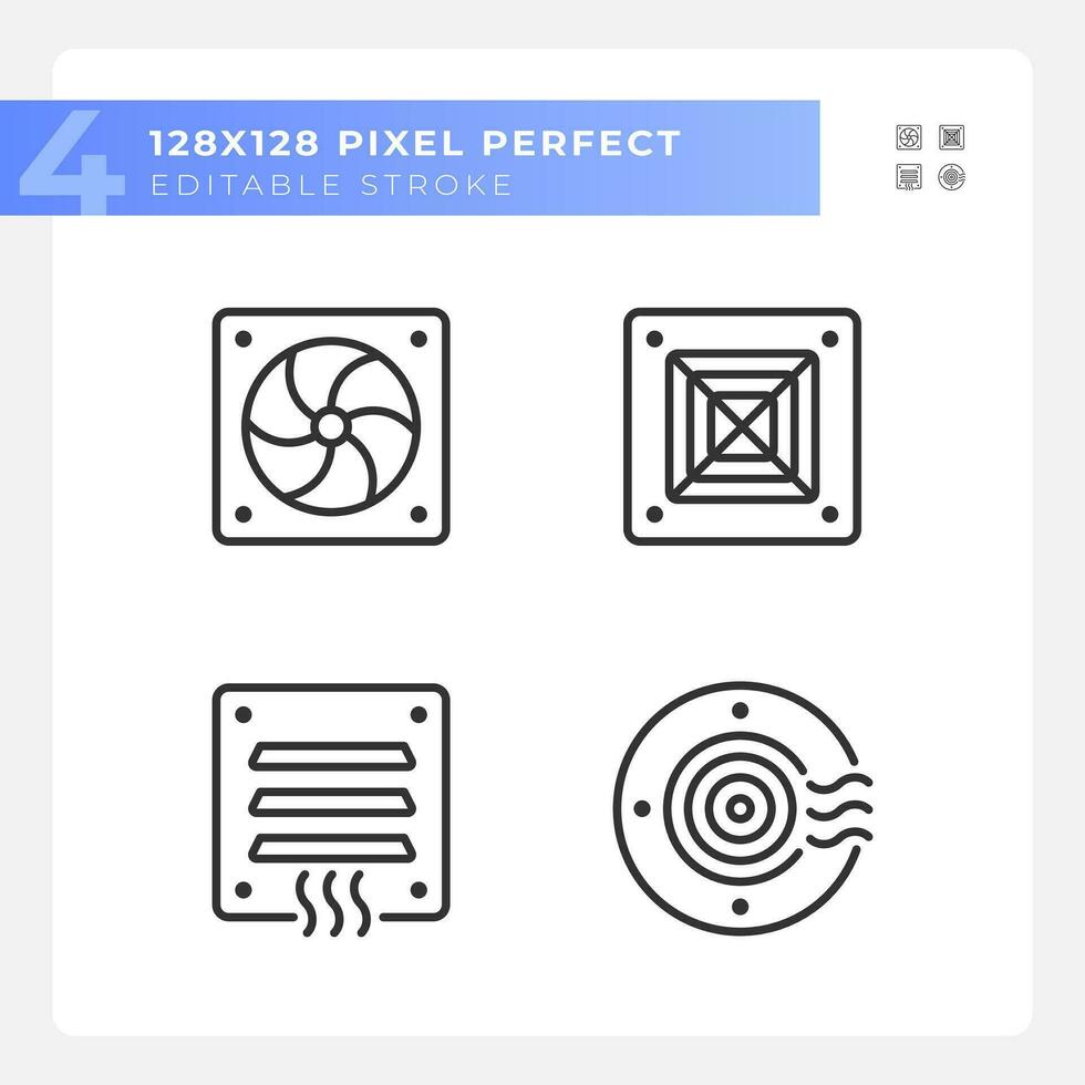 Air system linear icons set. Energy efficiency. Home ventilation. Air conditioning. Hvac service. Customizable thin line symbols. Isolated vector outline illustrations. Editable stroke