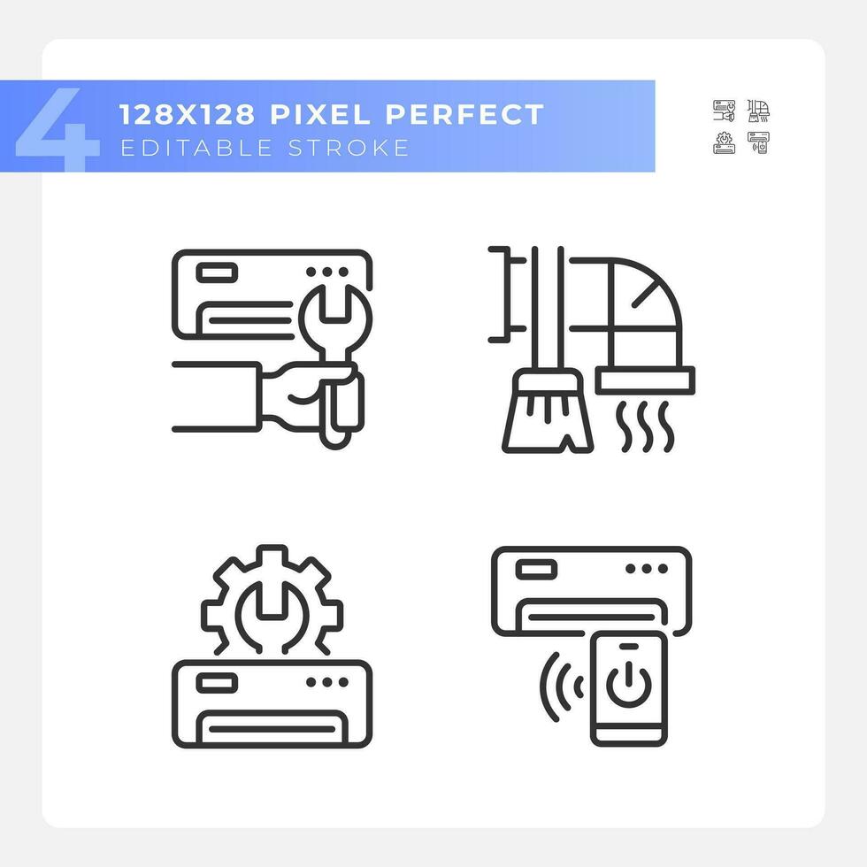 Ac maintenance linear icons set. Air conditioner repair. Hvac service. Heating system. Home appliance. Customizable thin line symbols. Isolated vector outline illustrations. Editable stroke