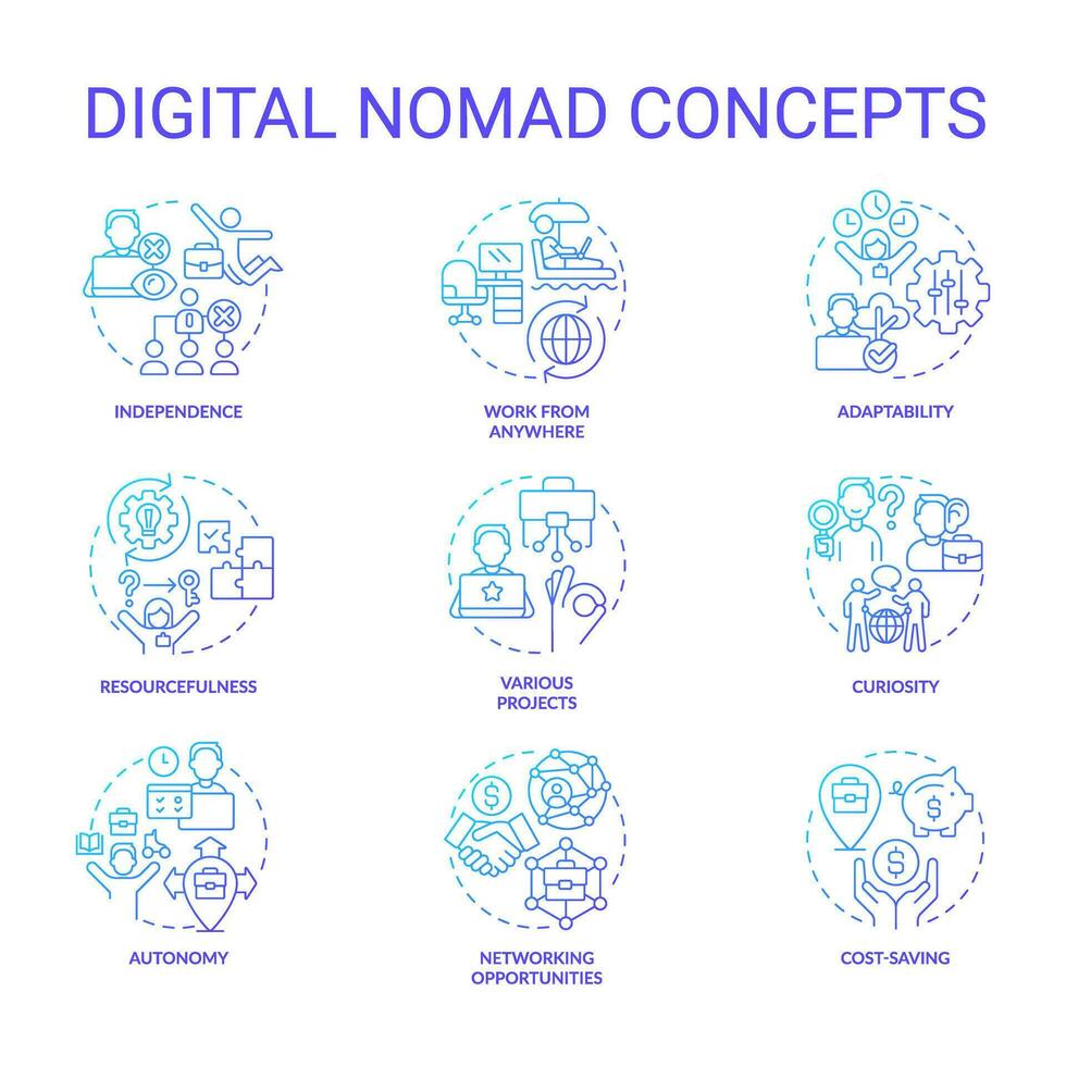 Digital nomad blue gradient concept icons set. Professional freelancer. Laptop lifestyle. Generation z. Remote work. Make money online idea thin line color illustrations. Isolated symbols vector
