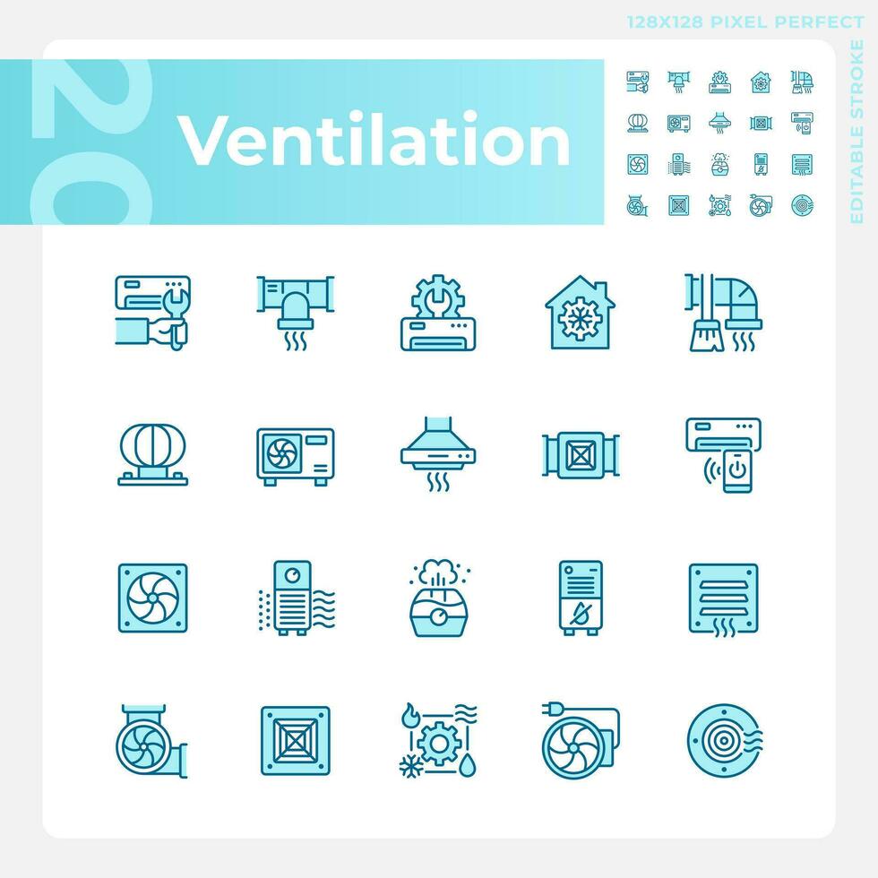 Ventilation light blue icons. Air condition. Hvac system. Indoor air quality. Heating and cooling. RGB color. Website icons set. Simple design element. Contour drawing. Line illustration vector