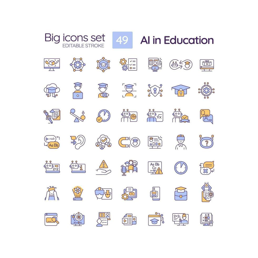 editable multicolor 49 grande íconos conjunto representando artificial inteligencia en educación, contorno vector. vector