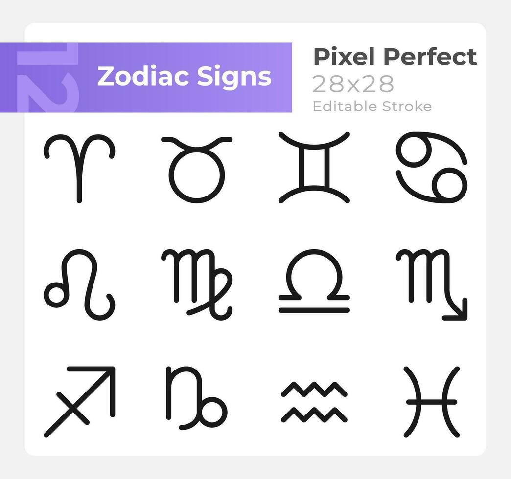 Astrological signs pixel perfect minimalistic linear icons set. Customizable thin line symbols. Isolated vector outline illustrations. Editable stroke