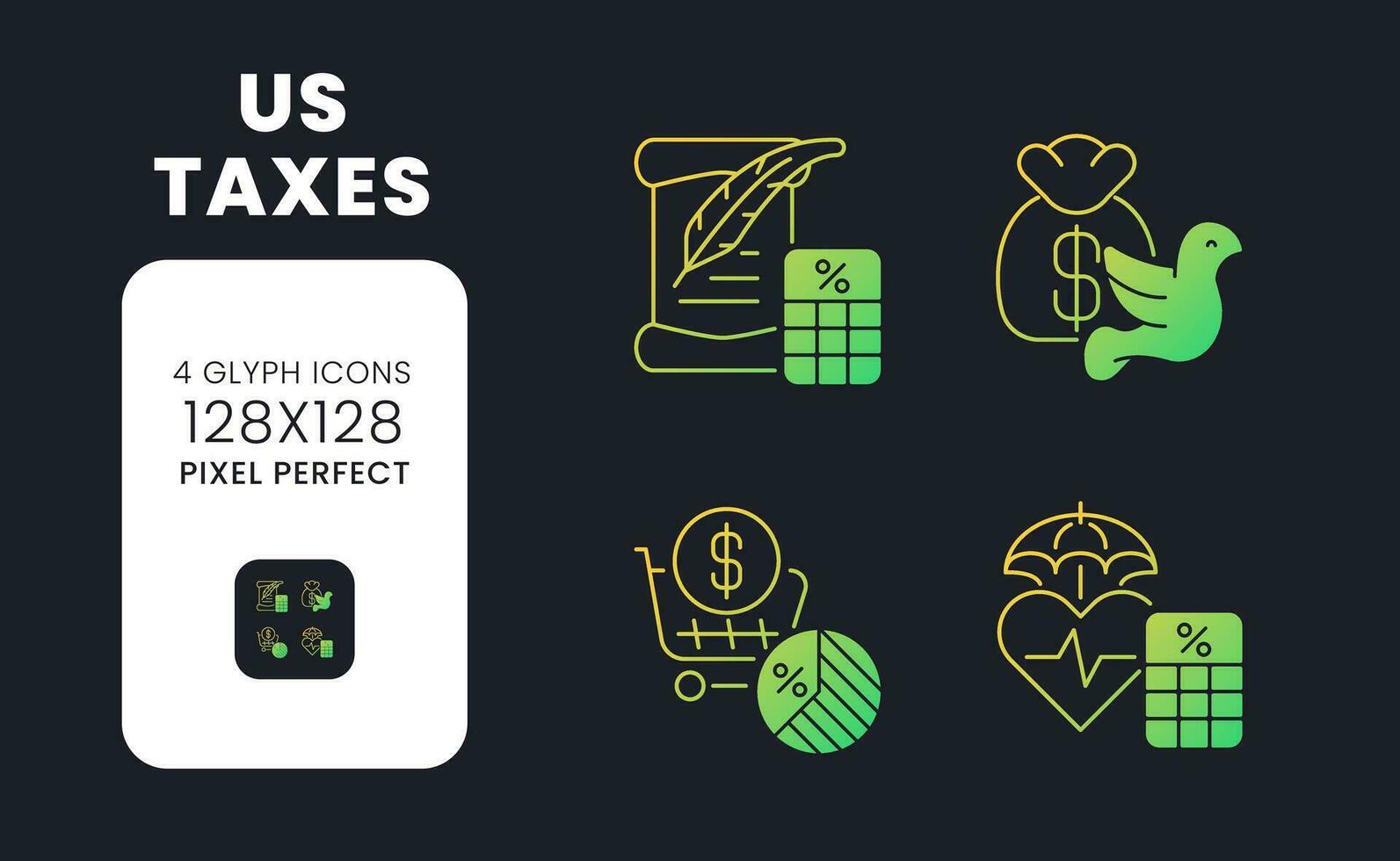 US taxes yellow solid gradient desktop icons. Fiscal responsibilities. Government revenue. Pixel perfect 128x128, outline 2px. Glyph pictograms kit for dark theme. Isolated vector images