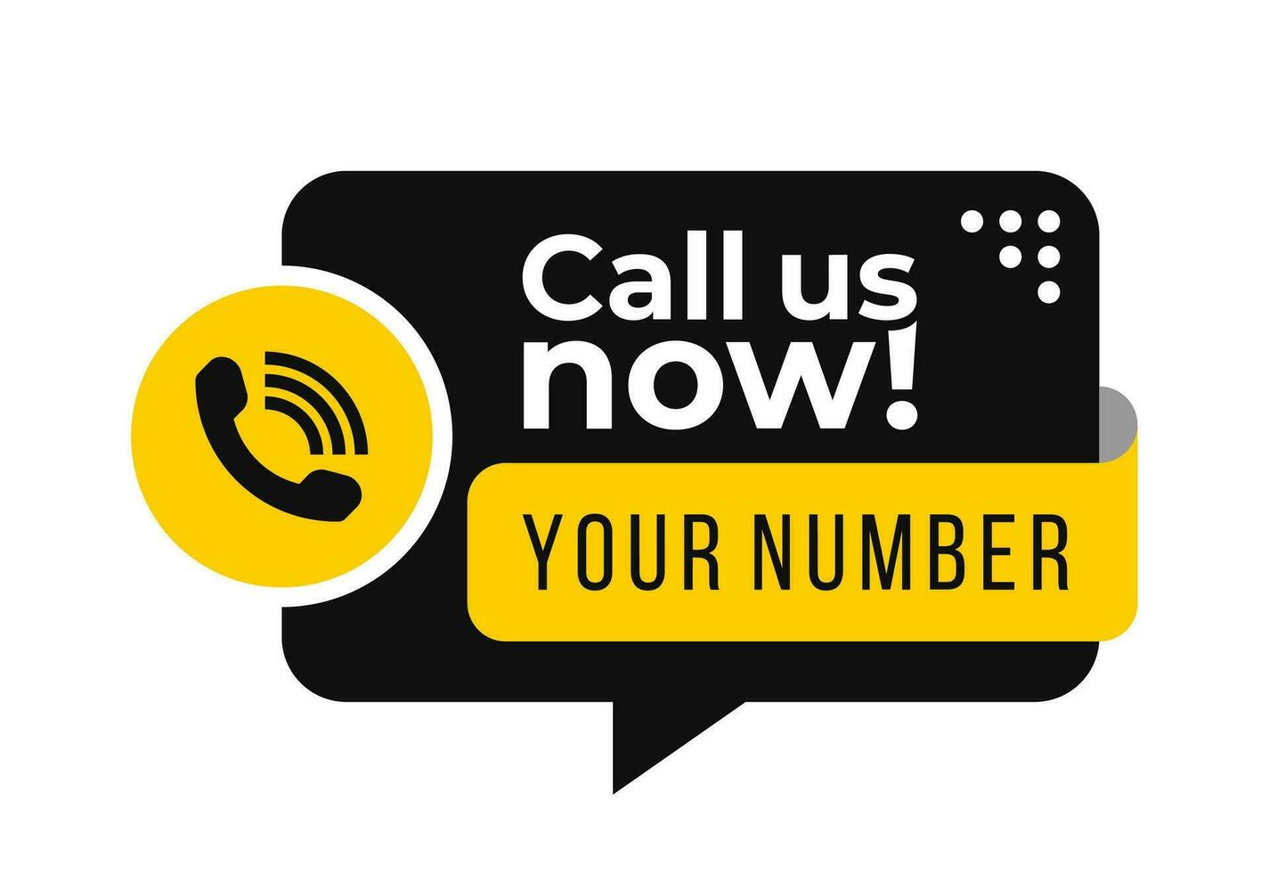 Call us now icons vector. Black and yellow color speech bubble. Template for phone number, sign, button, contact details. Vector illustration