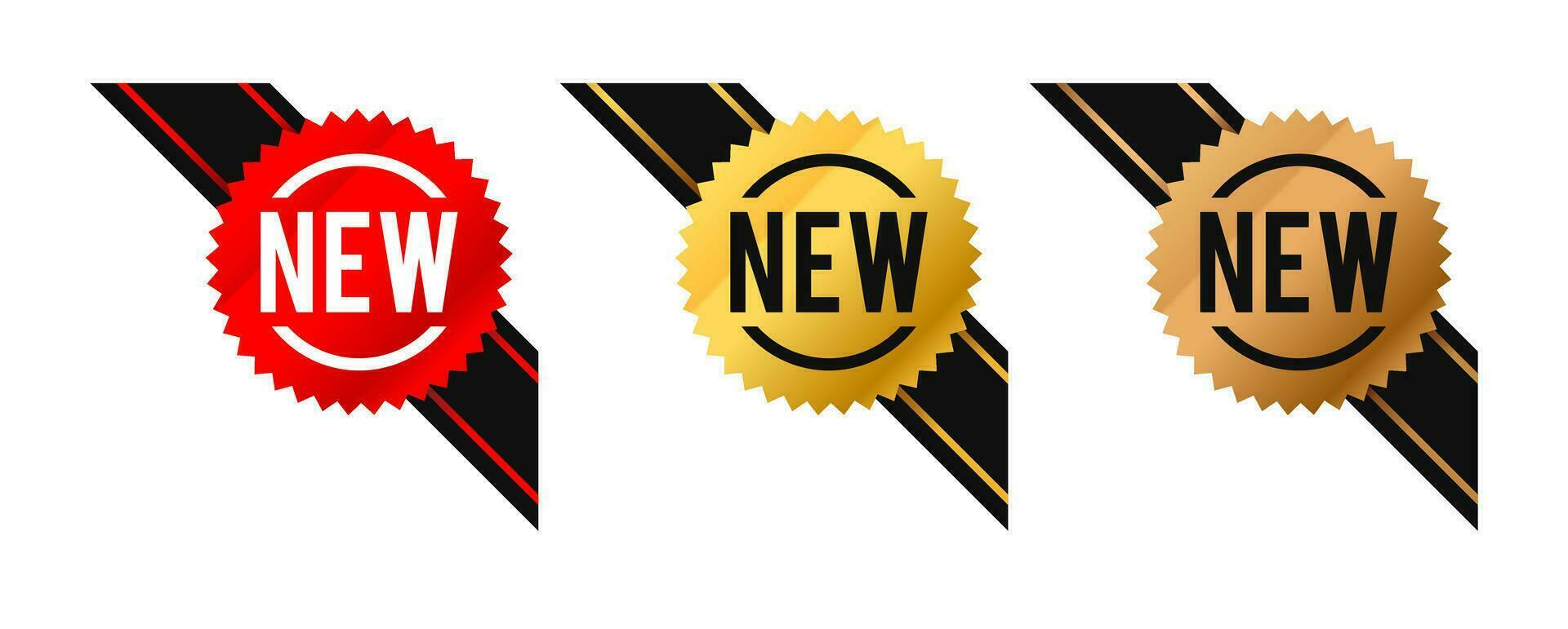 Corners new sign vector. Red, gold, and bronze ribbon labels. Vector illustration