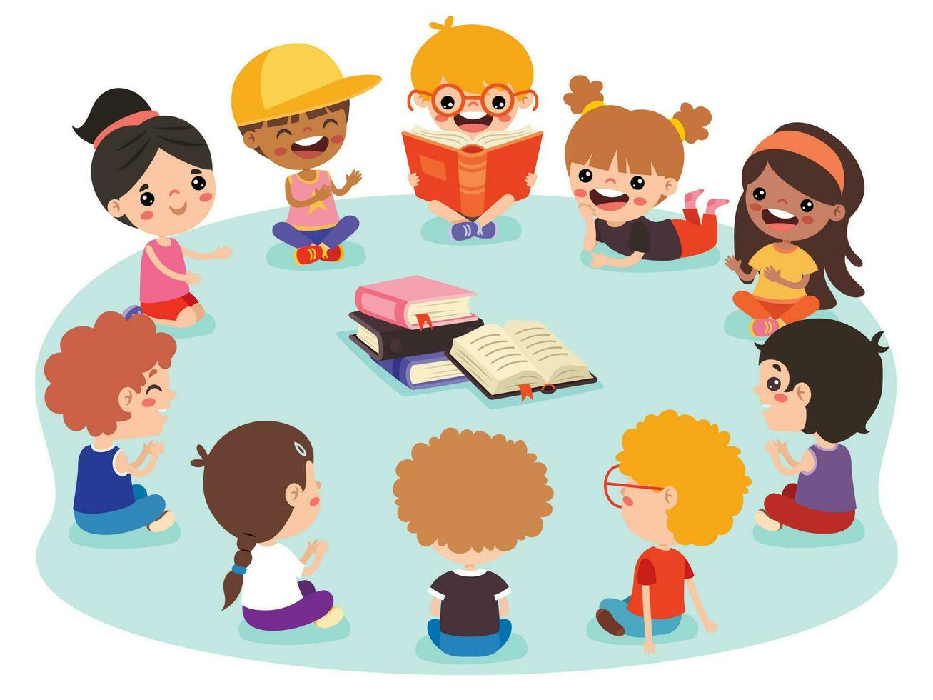Kids Sitting In Circle And Reading Book vector