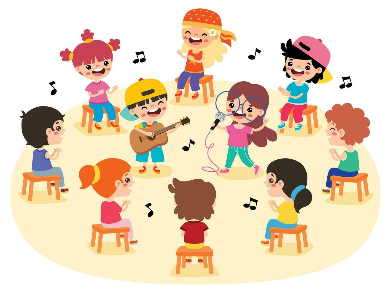 Kids Sitting In Circle And Listening Music vector