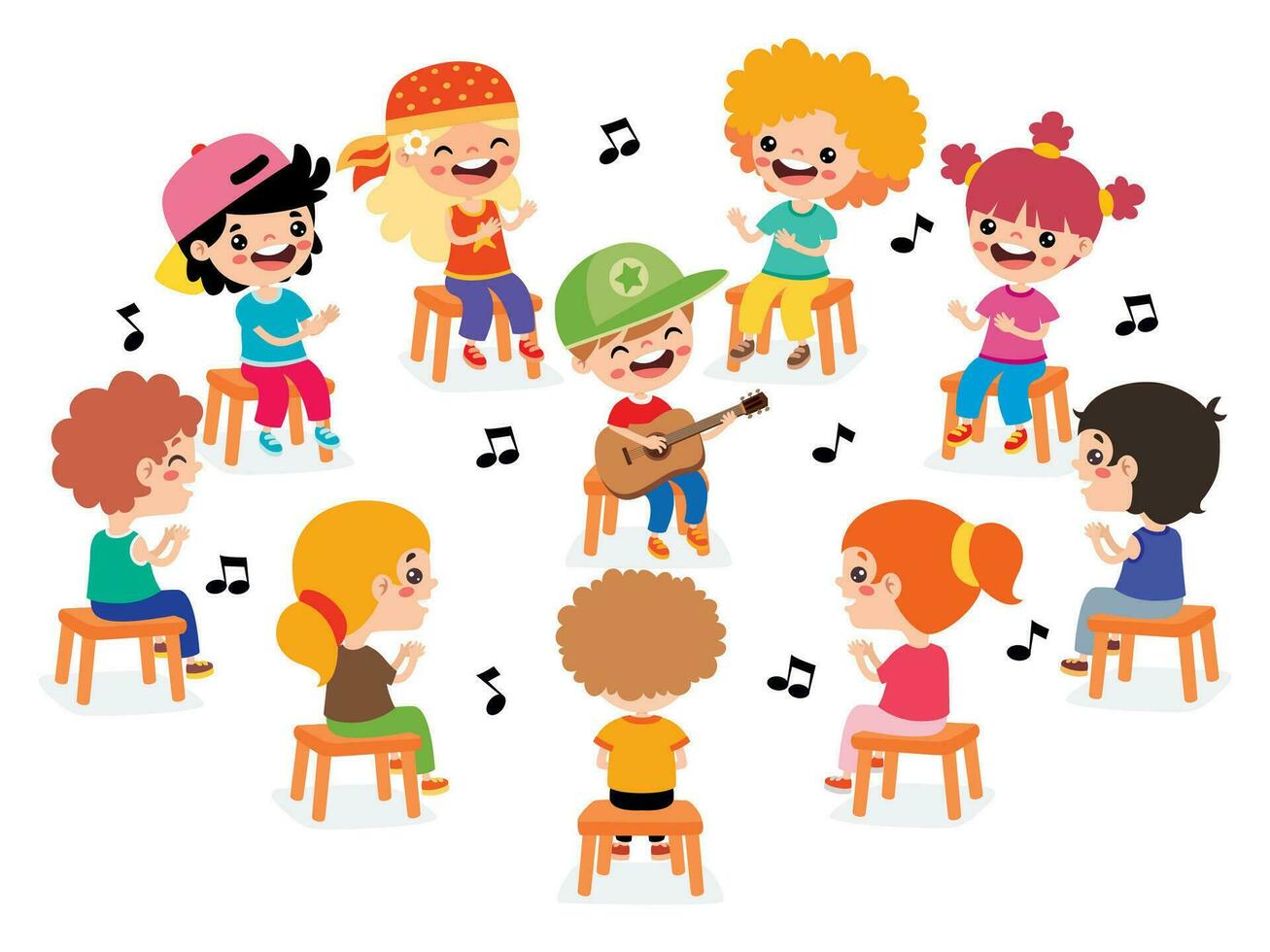 niños sentado en circulo y escuchando música vector