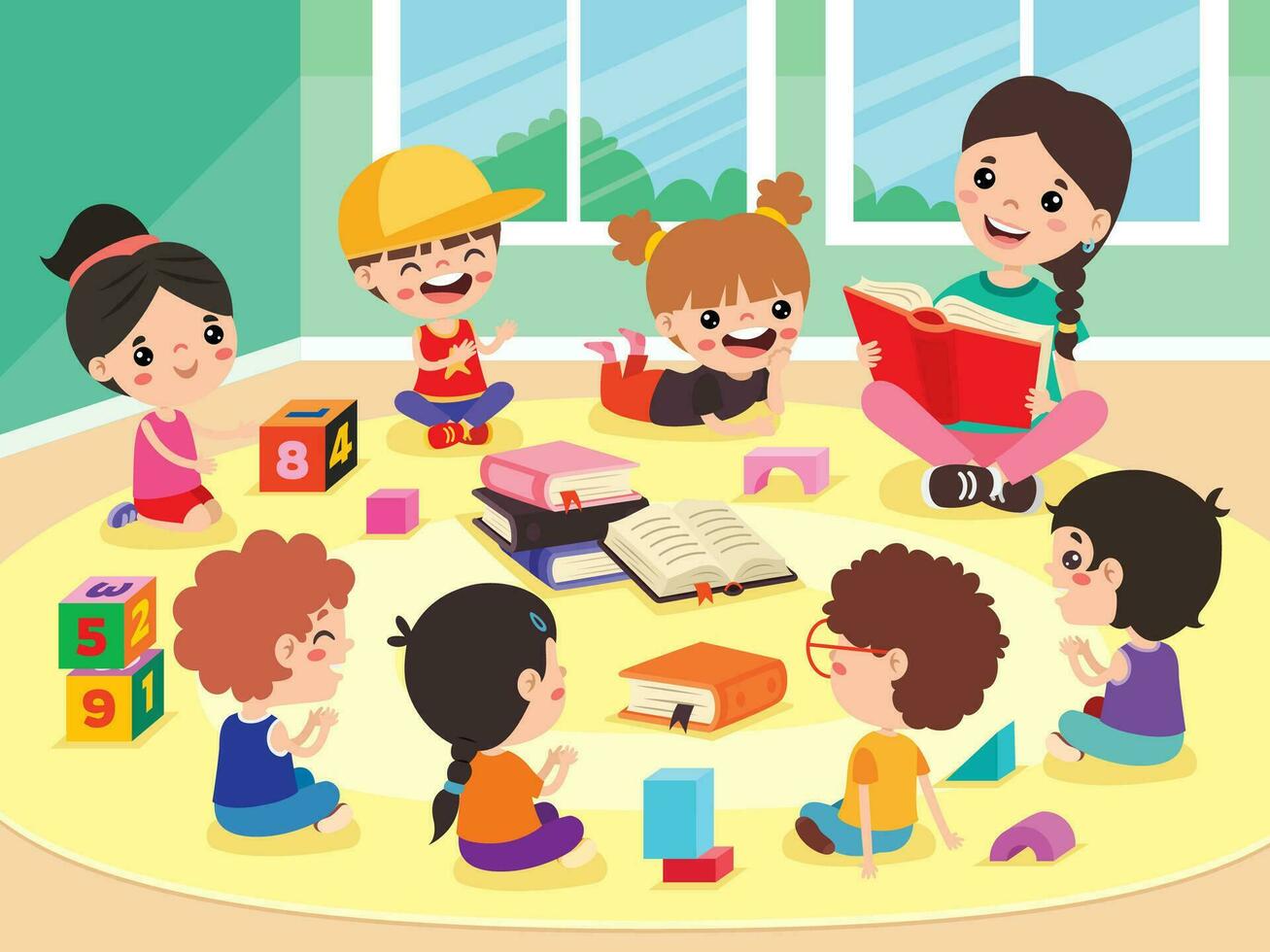 Kids And Teacher At Kindergarten vector