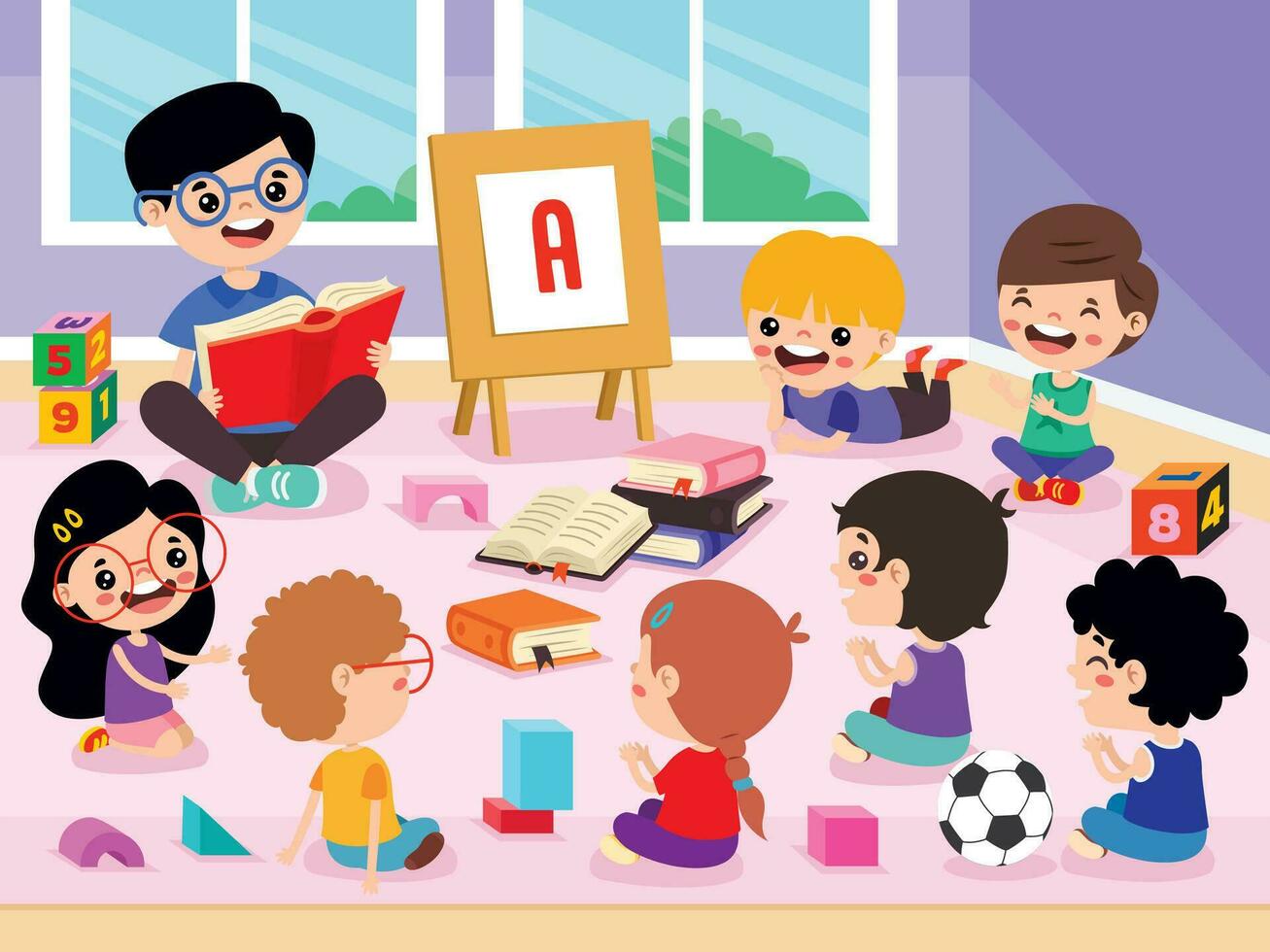 Kids And Teacher At Kindergarten vector