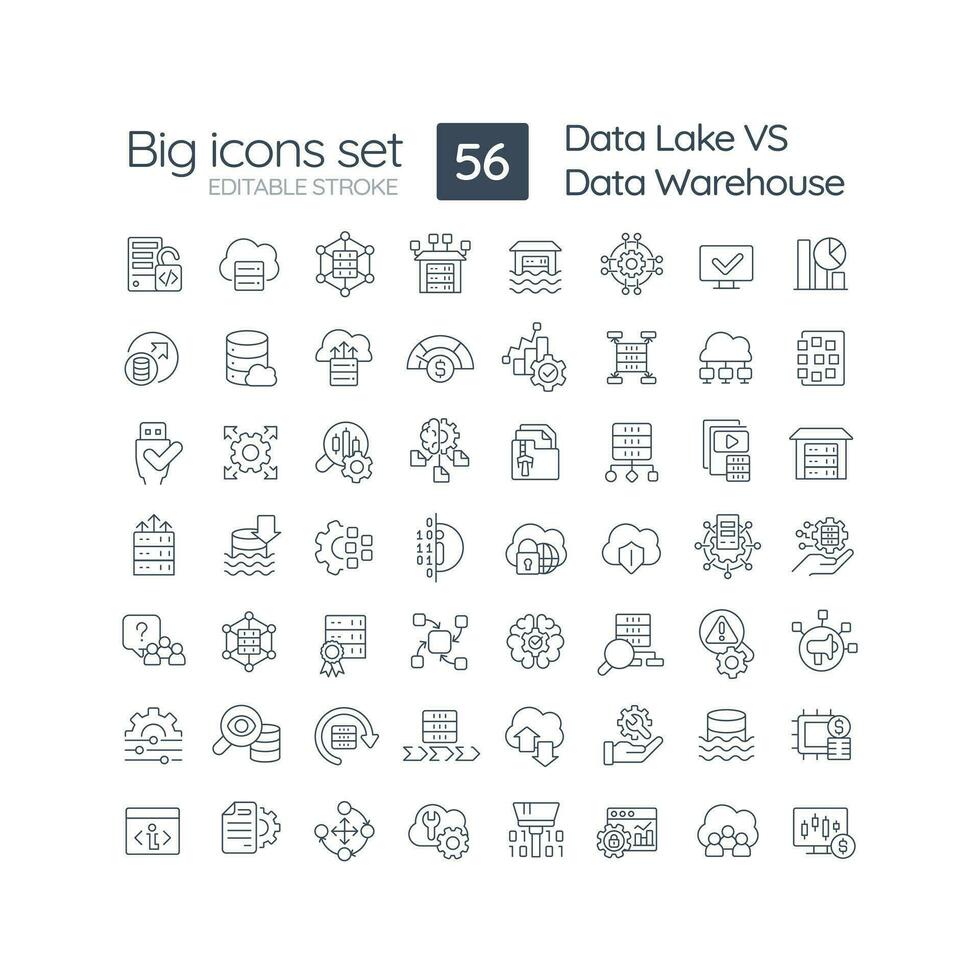 Data lake vs data warehouse linear icons set. Centralized repository. Store large amounts of data. Customizable thin line symbols. Isolated vector outline illustrations. Editable stroke
